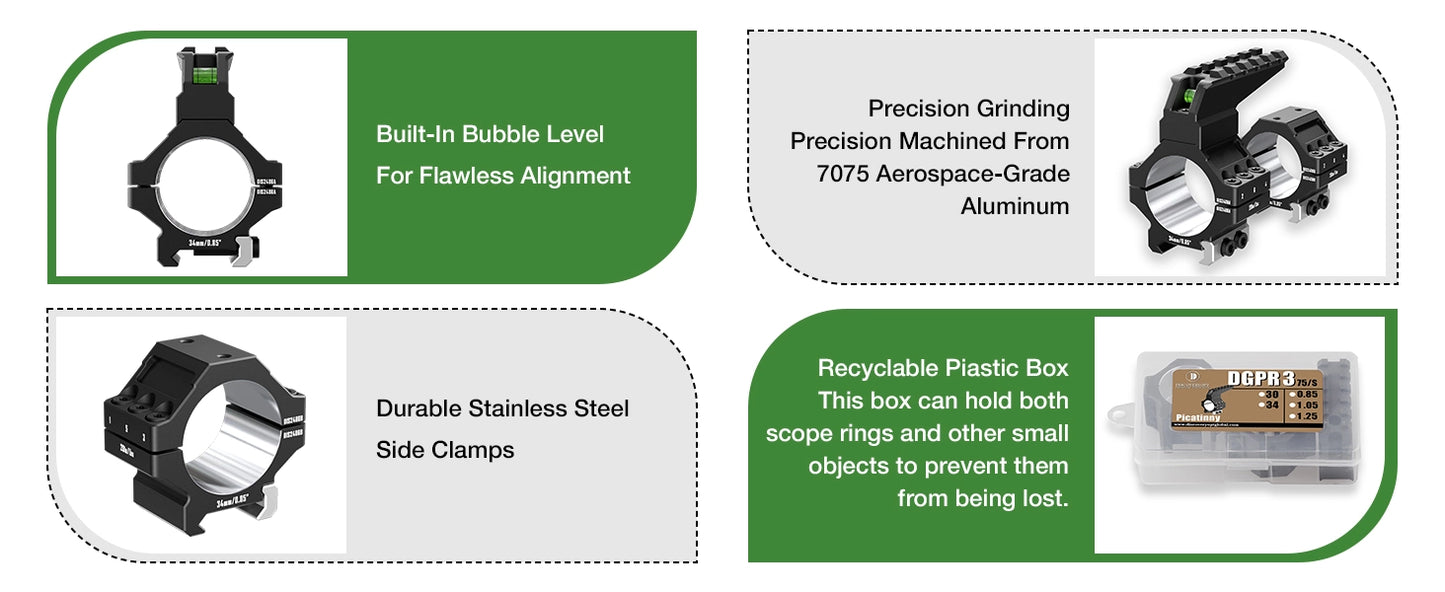 7075 Series Aluminum Heavy Duty Scope Rings - Bubble Level & Picatinny Rail | 30MM or 34MM-Fits 0.85/1.05/1.25-inch Bases