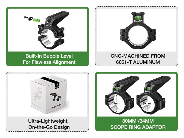 6061 Series Aluminum Scope Rings -  Bubble Level & Picatinny Rail | 30/34MM-Fits 0.85-inch Bases