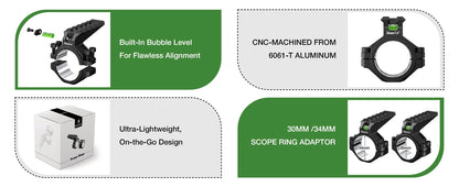 6061 Series Aluminum Scope Rings -  Bubble Level & Picatinny Rail | 30/34MM-Fits 0.85-inch Bases
